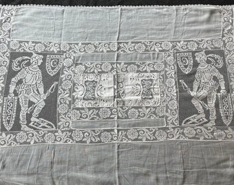 Antique 1920's Italian White Long Pillow Cover Lay Over 30x80 Hand done Knotted Filet Net Lace scalloped edge Figural