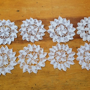 8 Vintage Italian Reticella Lace Coasters, Hand Done Lace Coasters, Wine Glass Doily, Set