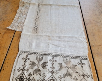 Antique late 1700's Linen Show Towel Table Runner Mantle Scarf Blackwork