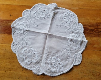 Antique Hand Embroidered Linen Doily 21" Round, Scalloped, Large Florals