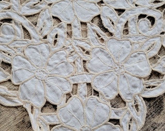 Vintage 1940's ORNATE Cutwork Tablecloth 48x63 Embroidered Floral