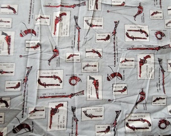 Vintage Printed Cotton Flannel Flannelette Fabric Old guns pistols rifles Gray and Red Print