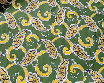 Vintage Green Yellow Paisley Floral Cotton Print Fabric 3.3 yards 36" wide