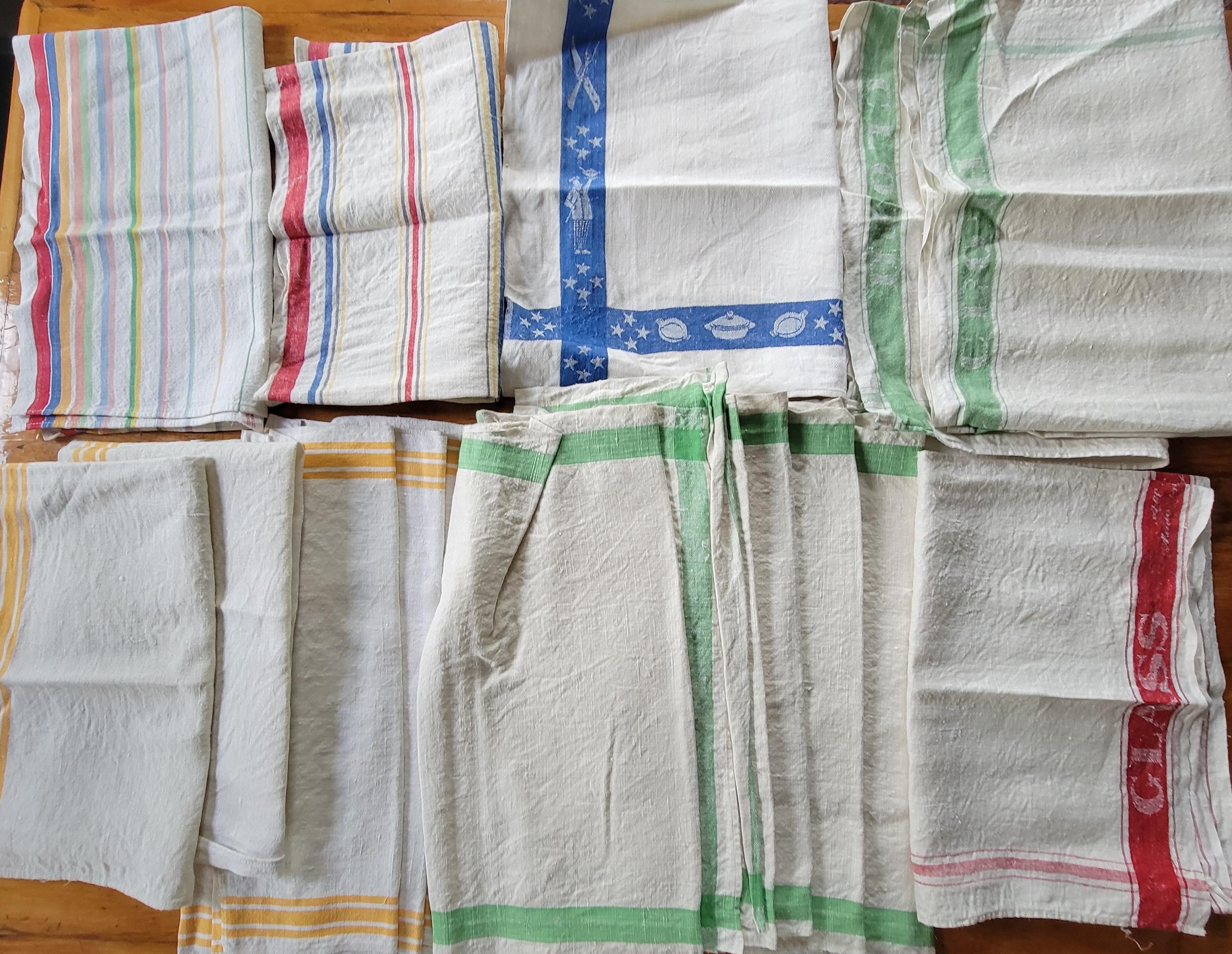 Vintage Striped Linen Kitchen Tea Towels - Linen Hand Towels, Irish Linen, Blue Green Red Orange Stripes
