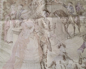 Vintage French Woven Tapestry Wall Hanging, Lords and Ladies Petting Dogs, Made in France