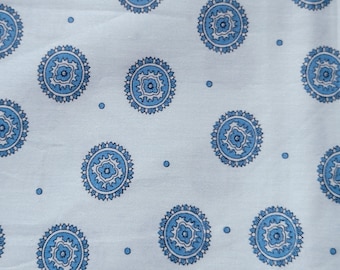 Vintage Printed Fabric Blue Medallion Circles Geometric