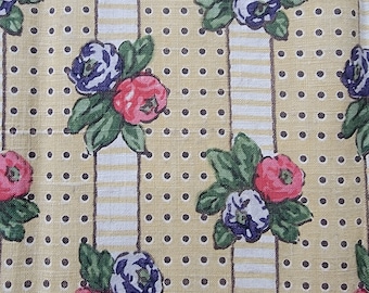 Antique French Linen Fabric Purple Pink Roses on Mustard Yellow Stripes 1.1 yards