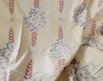 Antique French Floral Print Curtain Drapery Panel Yellow Stripe Gray and Red Floral Fabric 46x112