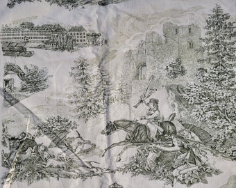 Vintage French Hunting Farming Scenic Toile Fabric, Green Cotton Print, 2.8 yards, Upholstery Fabric Dogs Sheep Castles