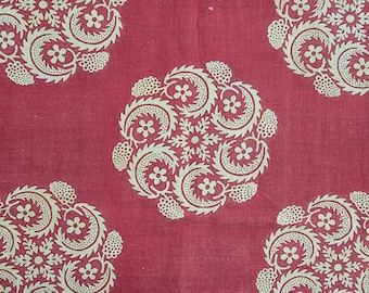 Vintage French Fabric -Cotton Print Red Tan Circles of berries leaves and flowers  31x38 inches 1 yard