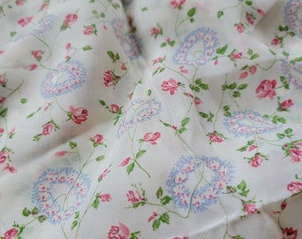 Vintage Pink Rosebud Floral Rayon Dress Fabric blue white flower wreath tiny print Semi Sheer 4 yards