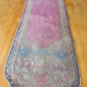 Vintage 1930er Belgien Seidenbrokat Läufer: Floraler Jacquard, Samt Rückseite