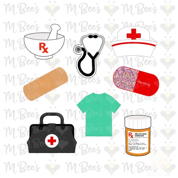 Medical Cookie Cutter Cutters Doctor Nurse School Bandaid Prescription Medicine Pill Pills Hospital Stethoscope Bag Hat Shirt Scrubs Office