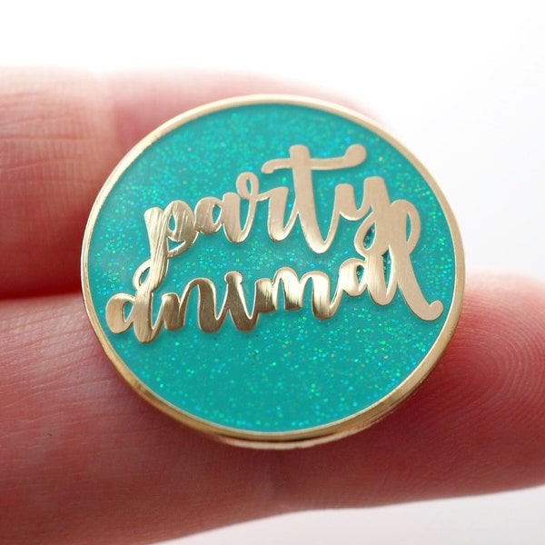 Lapel Pin - Party Animal (Aqua Sparkle and Gold) - Enamel Pin - Pinback Button