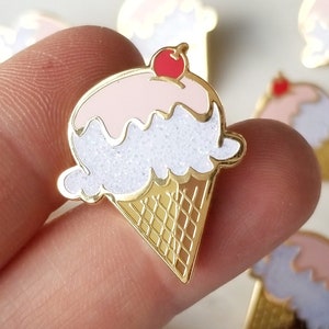 Lapel Pin - Ice Cream Cone with a Cherry on Top - White Sparkle + Strawberry - Enamel Pin - Pinback Button