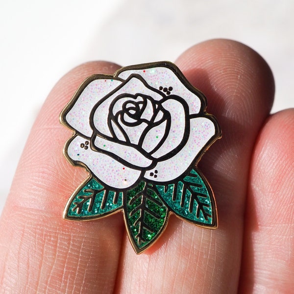 Lapel Pin - White Rose with Sparkles - Enamel Pin - Pinback Button