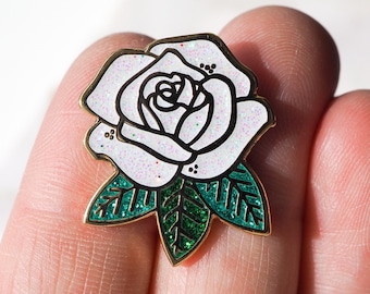 Lapel Pin - White Rose with Sparkles - Enamel Pin - Pinback Button