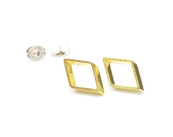 Skewed Square Brass + Silver Earrings - Diamond Shape