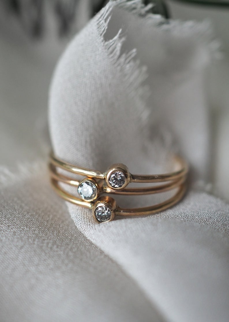 Solitaire Diamond Ring Promise Ring, Salt and Pepper Diamond, 14k Yellow Gold, April Birthstone, Diamond Stacking Ring, Tube Set Diamond image 1
