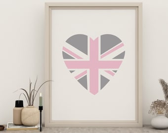 Pink Union Jack Flag Heart Print British Flag Poster Printable Wall Art Deco English Gift Digital Download