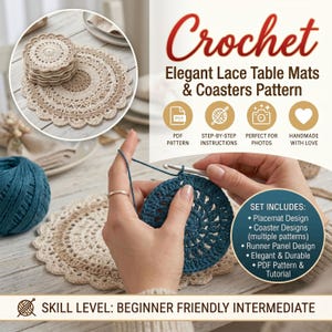 May include: A digital crochet pattern for lace table mats and coasters. The image displays a stack of finished beige crochet coasters, a blue yarn ball, and a person crocheting a blue circular piece. Text includes Crochet Elegant Lace Table Mats & Coasters Pattern, Set Includes, and Skill Level: Beginner Friendly Intermediate.