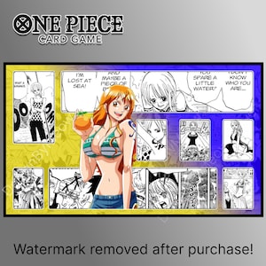 DESIGN NUMÉRIQUE Tapis de jeu manga Nami jaune bleu avec zones optcg en une seule pièce