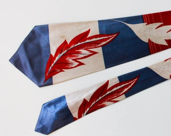 1940s Blue, Red and Beige Leaf Print Rayon Necktie, Wide Tongue Bold Look Swing Tie, Fashion Craft