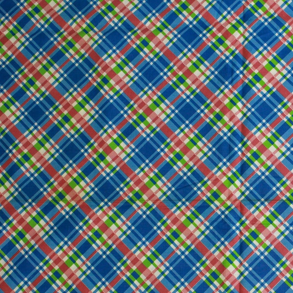 1940s/50s Plaid Cotton Fabric, 3.2 Yards, Blue/Green /Pink/White, Vintage Sewing Fabric