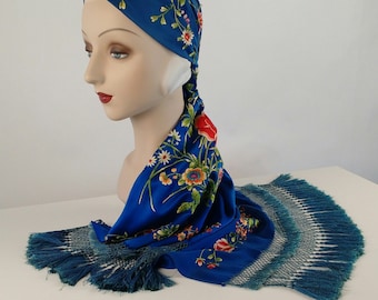 1920s Fringed Silk Piano Shawl, Blue Embroidered Scarf, Chinese Peony Embroidery, Flamenco Shawl, Vintage Antique Flapper Costume