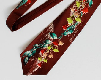 1940s Bell Flower Print Rayon Necktie, Brown with Turquoise, Red and Chartreuse Flowers, Bold Look Vintage Wide Tongue Tie by Diplomat