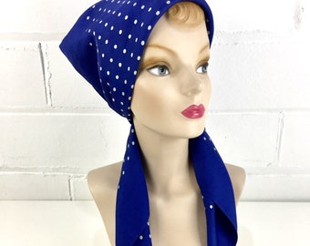 Vintage 80s Silk Oversized Blue & White Polka Dot Scarf, 35 x 34", Lightweight Shawl or Headscarf