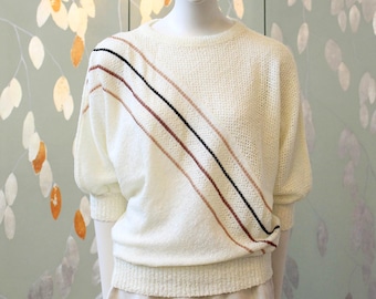 1980s Brown Diagonal Stripe Deadstock 3/4 Sleeve Cream Knit Top, Medium/Large
