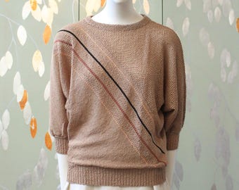 1980s Brown Diagonal Stripe Deadstock 3/4 Sleeve Taupe Knit Top, Small/Medium