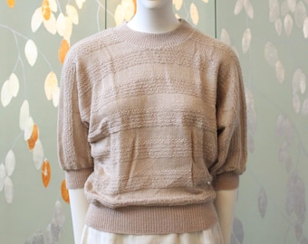 1980s Taupe Stripe Deadstock 3/4 Sleeve Knit Top, Medium