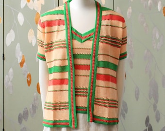 1970s Short Sleeve Striped Acrylic Knit Tank Top And Cardigan Set, Peach/Coral/Green, S/M/L