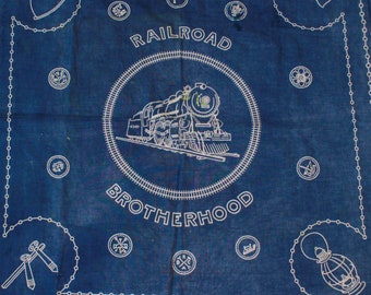 Antique 1930s/40s Railroad Brotherhood Blue Cotton Bandana, Vintage Workwear