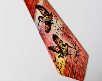 1940s Hand Painted Bird Necktie, Rayon, Wide Tongue Vintage Tie Red with Flying Birds