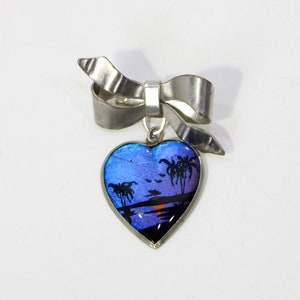 1930s Butterfly Wing Heart Brooch, Blue Morpho Hand Painted Tropical Palm Tree Sunset Scene, Souvenir Butterfly Wing Jewelry