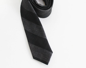 1960s Skinny Necktie, Black and Grey Striped Tie by The Straw label, Gift for Him