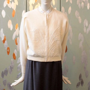 Vintage 1950s Soft Cream Beaded Cardigan Sweater, S/M