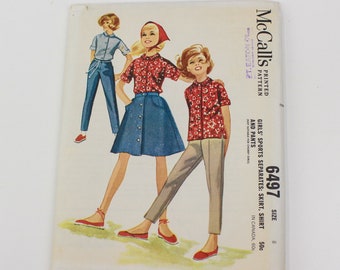 1960s Girls' Pants, Skirt and Shirt Sewing Pattern McCalls 6497, Incomplete, Missing Waistband, Size 8, Breast 26"