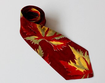 1940s Red and Green Abstract Leaf Print Rayon Necktie, Wide Tongue Bold Look Swing Tie, Beau Brummell