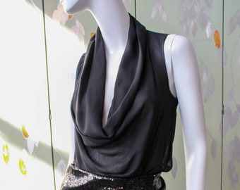 Donna Karan Black Sheer Cowl Neck Sleeveless Top, Small, y2k Vintage Going Out Top