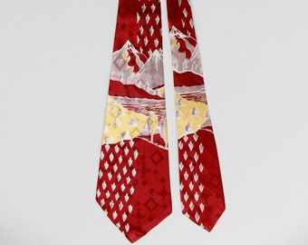 1940s Mountain Scene Rayon Necktie, Bold Look Wide Tongue Vintage Tie, Red Jacquard with Yellow and Grey, by Arco Royal