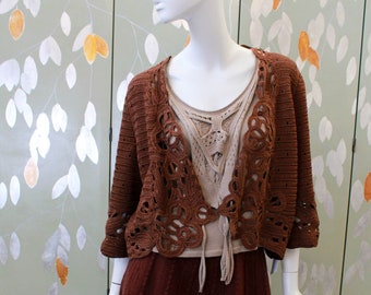 Oscar de la Renta Brown Silk Crochet / Knit Cardigan, Large, y2k Designer