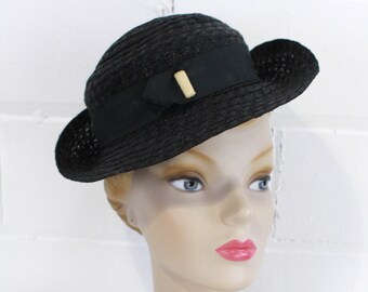 1930s Black Straw Women's Hat by Woolworth, with Hat Pin