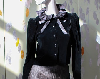 90s Black Velvet Ruffle Collar Cardigan with Puff Sleeves, Small, Shirt/Jacket Style, Ribbon Bow at Neck