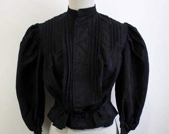 Victorian Black Linen Bodice, Puff Sleeves, Antique Historical Costume, 1900s Women's Top, Pleated Front