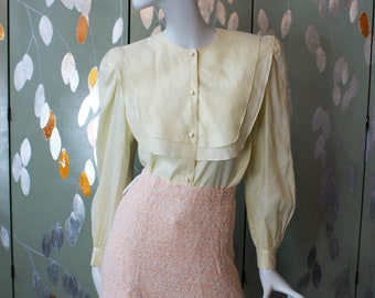 80s Ecru Linen Bib Collar Blouse, Puff Sleeves, Medium