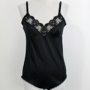 Vintage Black Lingerie Bodysuit, 1970s Black Lace Hanna Lingerie One Piece, Bust 36